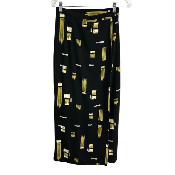 Vintage Studio C Womens Black Yellow Artistic Print Midi Skirt Sz Medium - Picture 1 of 8